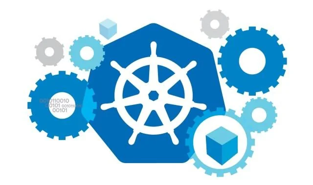 The Kubernetes ship’s-wheel logo surrounded by turning gears and a cube.