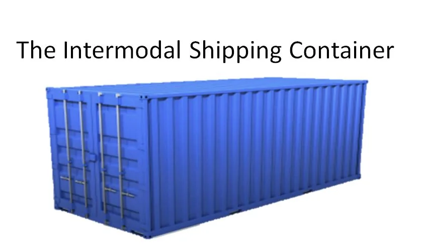 “The intermodal shipping container”: a standard blue shipping container.
